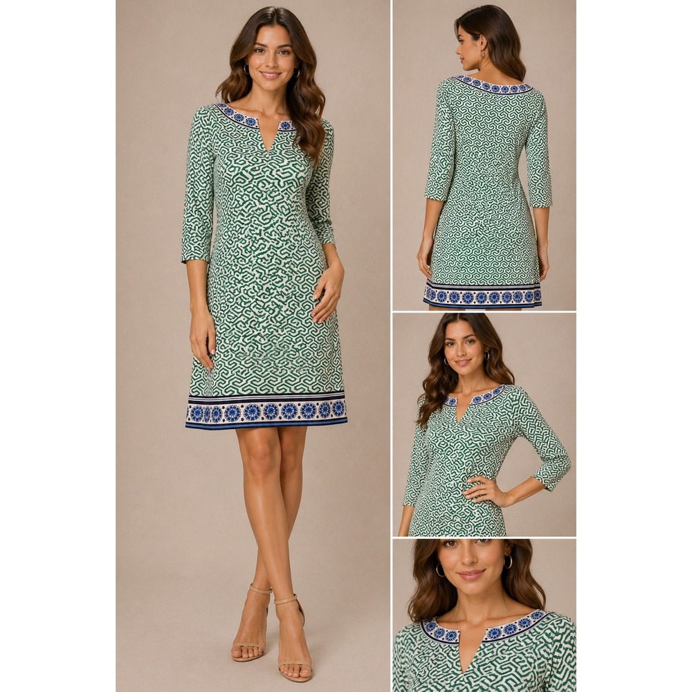 Green Geometric Print Dress Blue Trim Bell Sleeve A-Line